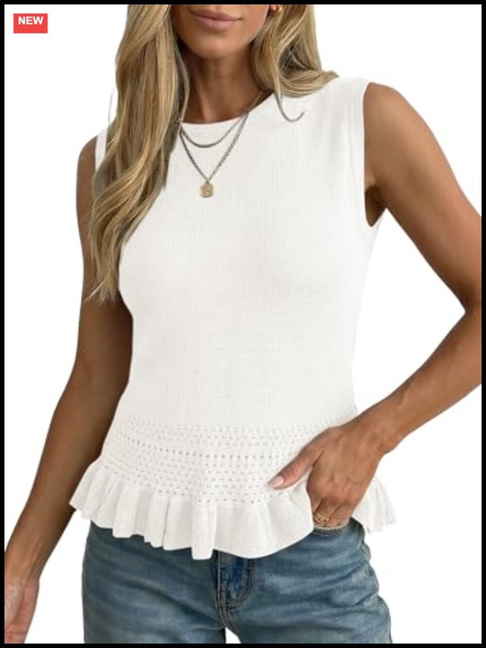 Crochet Sleeveless Crew Neck Peplum Tank Top Summer Vacation Outfit